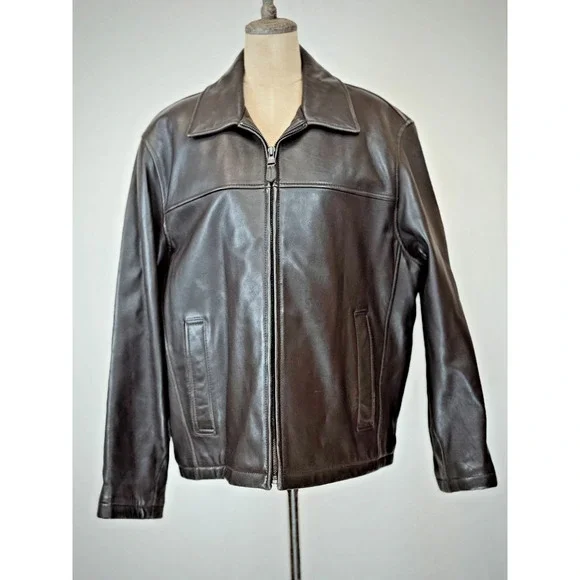 Dockers Premium Brown Leather Bomber Jacket Mens LARGE #1-0167 - Picture 1 of 9